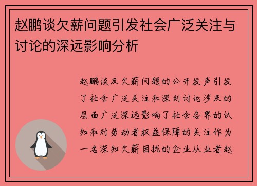 赵鹏谈欠薪问题引发社会广泛关注与讨论的深远影响分析