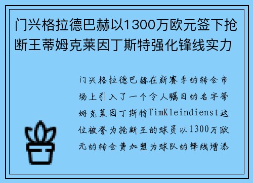 门兴格拉德巴赫以1300万欧元签下抢断王蒂姆克莱因丁斯特强化锋线实力